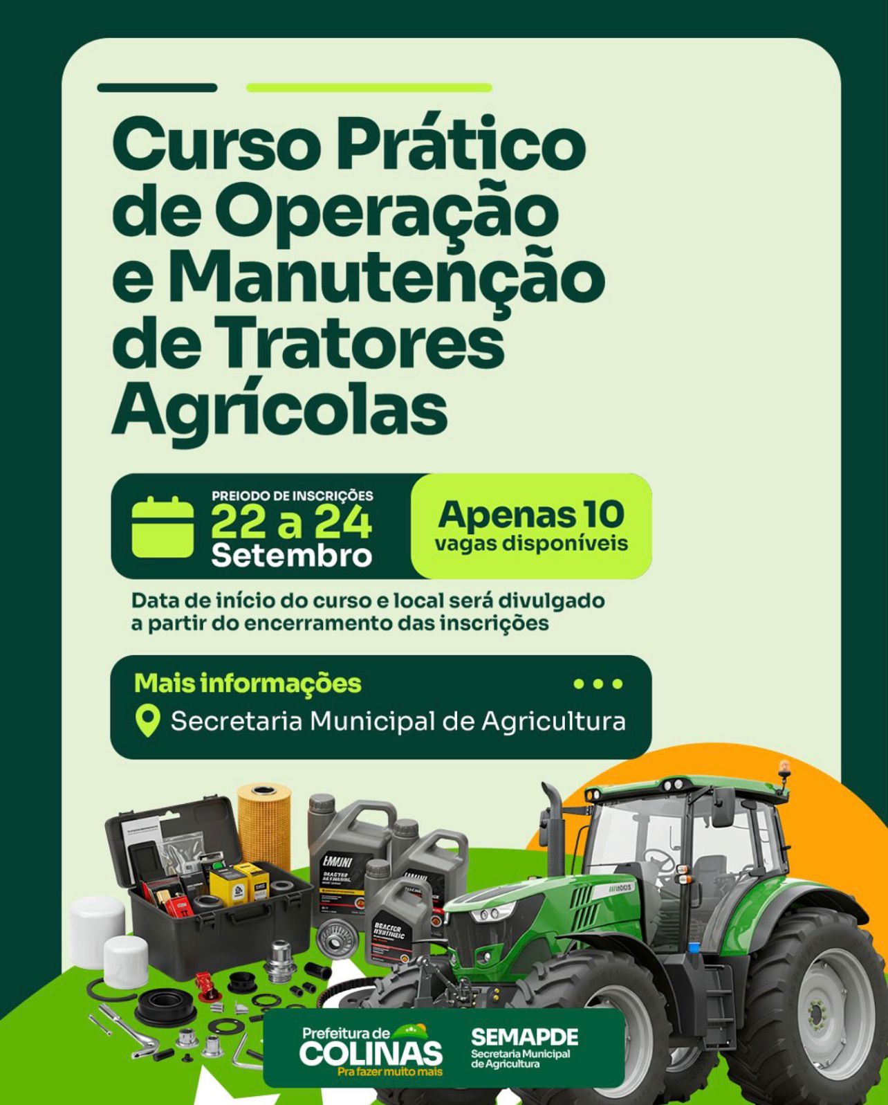 Prefeitura de Colinas abre inscrições para Curso de Operação e Manutenção de Tratores Agrícolas; vagas são limitadas